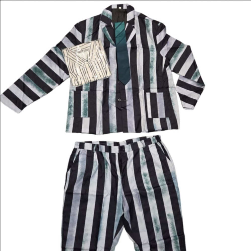 Men's Beetlejuice Black White Green Striped cosplay Costume Suit size 2X